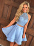 Two Piece Light Blue Satin Homecoming Dresses Lace Halter Open Back Party Gowns